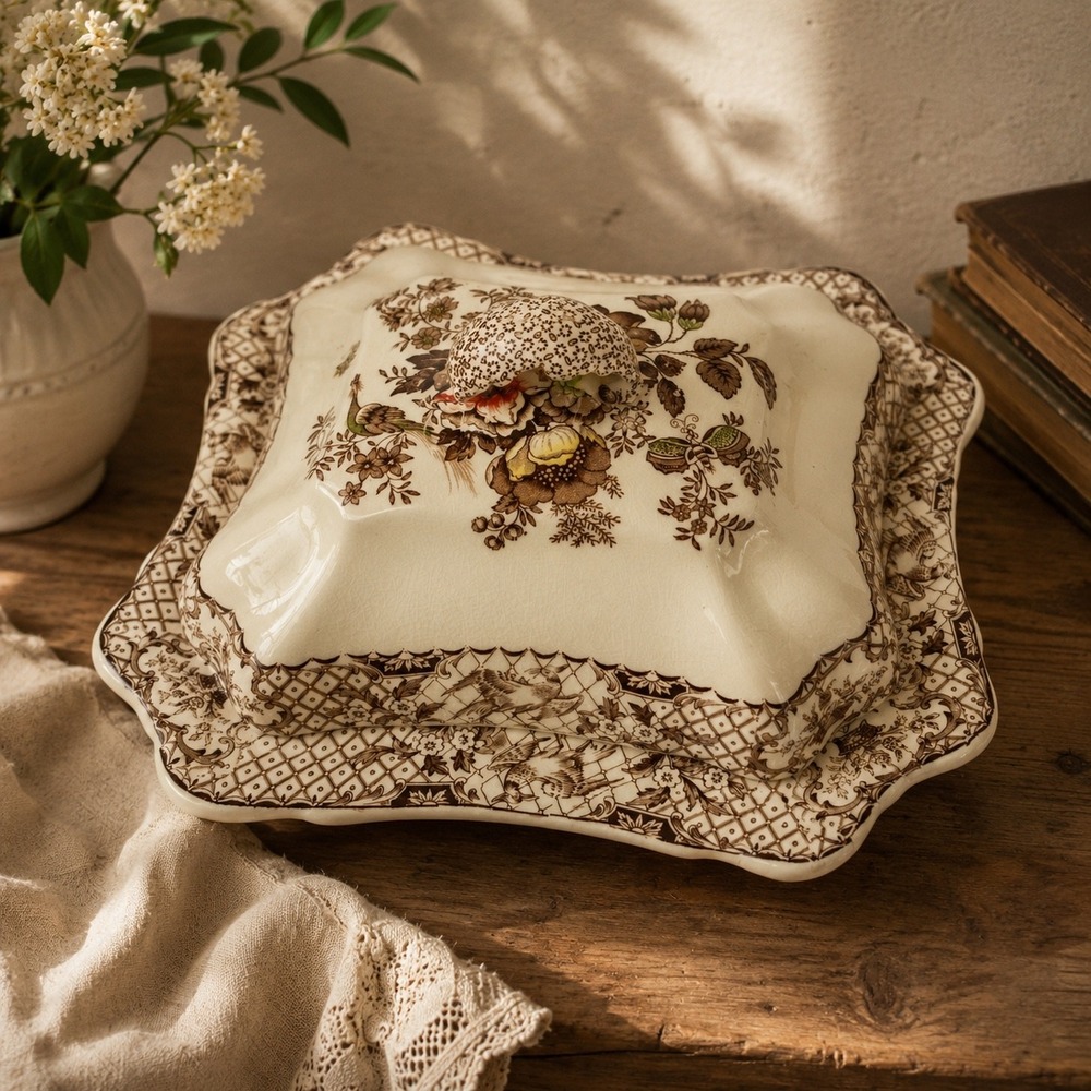 Masons Patent Ironstone Princess Covered Vegetable Dish Floral Birds England